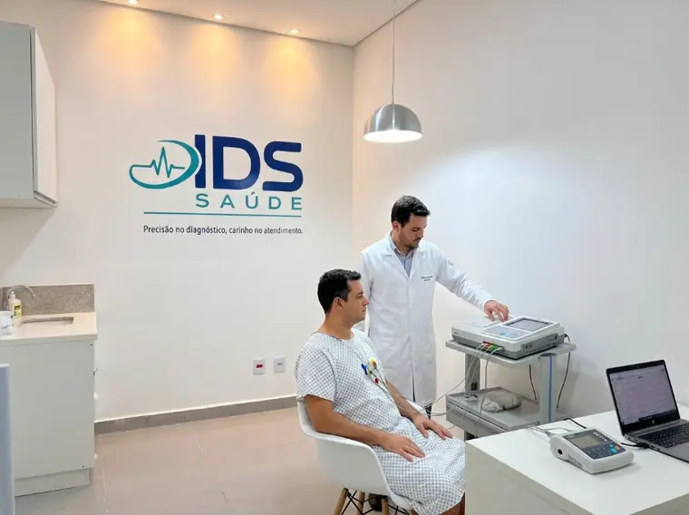 Médico acompanhando exame cardiológico de paciente na IDS Saúde